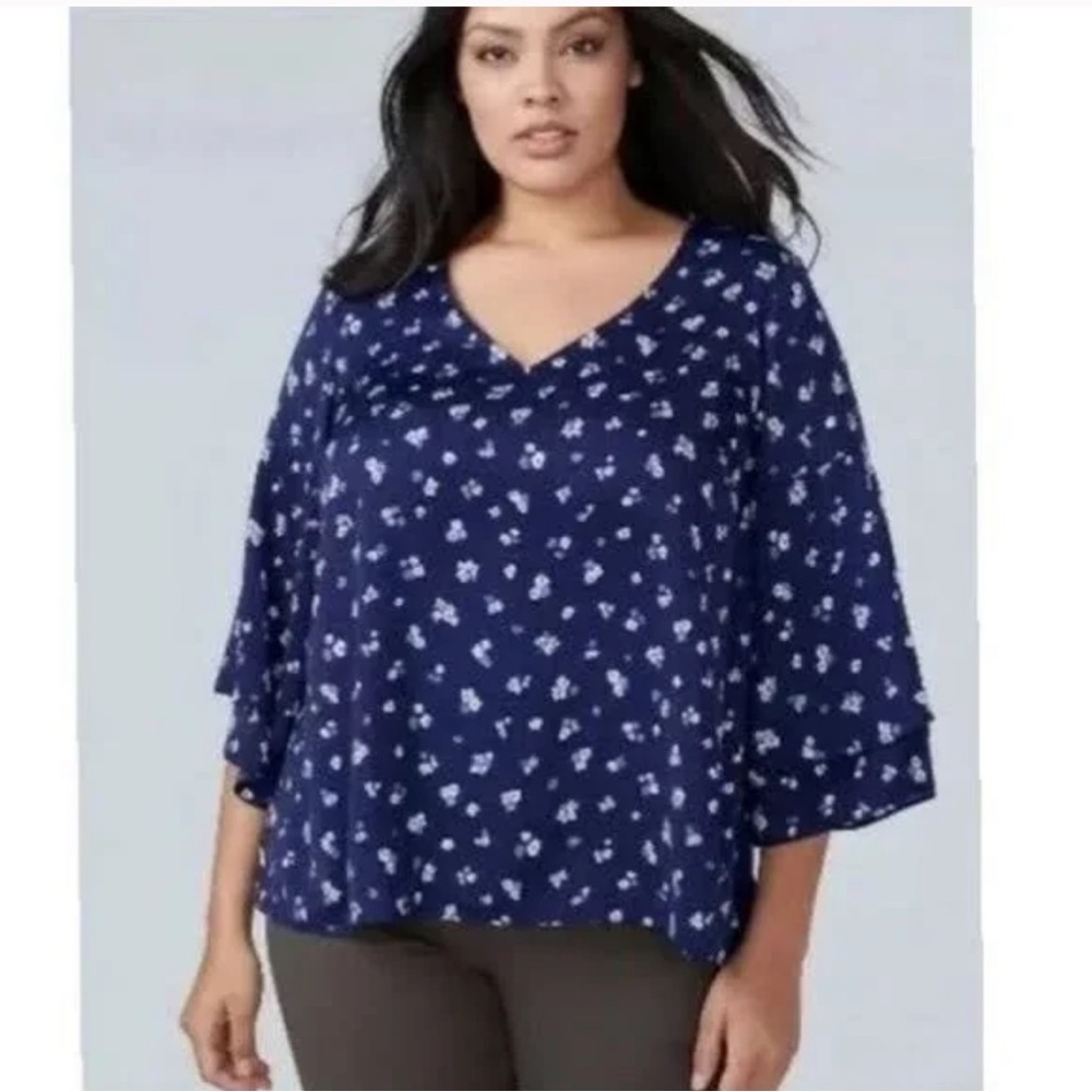 Lane Bryant Dark Blue Ditsy Floral Bell Sleeve Blouse V-Neck Beach